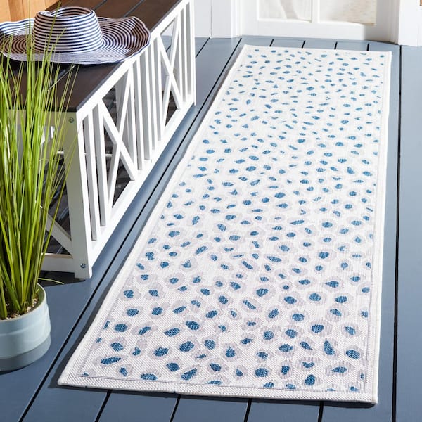 Courtyard Ivory/Blue 2 ft. x 8 ft. Geometric Cheetah Indoor/Outdoor Runner Rug