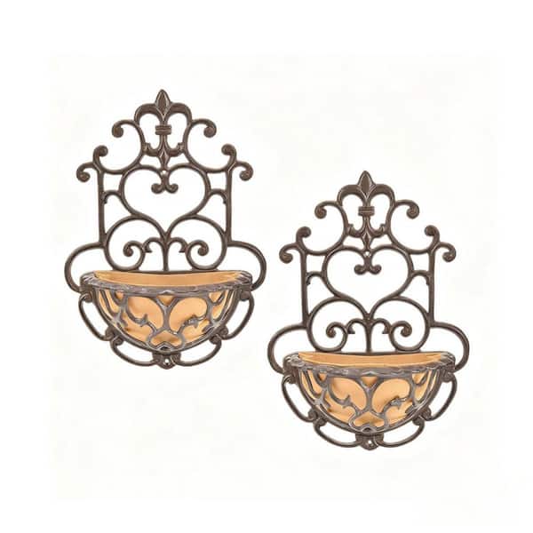 16 in. x 11 in. Brown Wrought Iron Wall Planter Holder 2 Pack