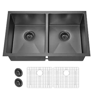 31 in. Undermount Double Bowl 18 Gauge Gunmetal Black Stainless Steel Kitchen Sink