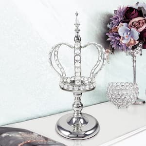 Silver Table Decor Decorative Crown Crystal Bead Metal Accent Piece with Curved Stand 18 in.