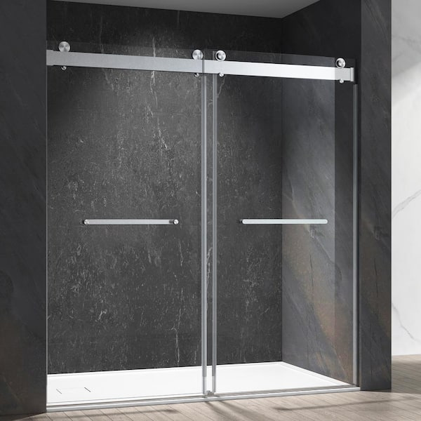 FORCLOVER 72 in. W x 76 in. H Double Sliding Frameless Shower Door in Nickel Finish with 3/8'' Clear Glass and 2 Handles