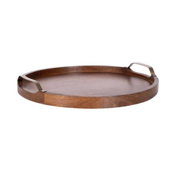 Farson Walnut Brown/Gold Round Wood 18 in. Decorative Tray