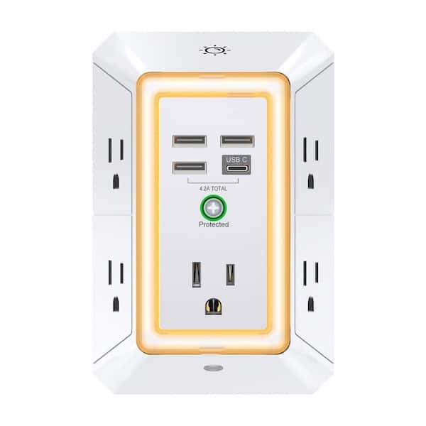 3-Sided Outlet Extender with Night Light. Multi Plug Outlet with 5 Outlets and 4 USB Ports(1 USB-C), ETL Listed, White