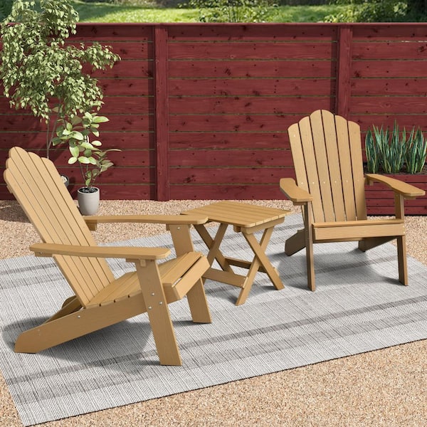 HOOOWOOO Aspen Teak Color 3-Piece Recycled Plastic Outdoor Patio Conversation Adirondack Chair Set with a Side Table