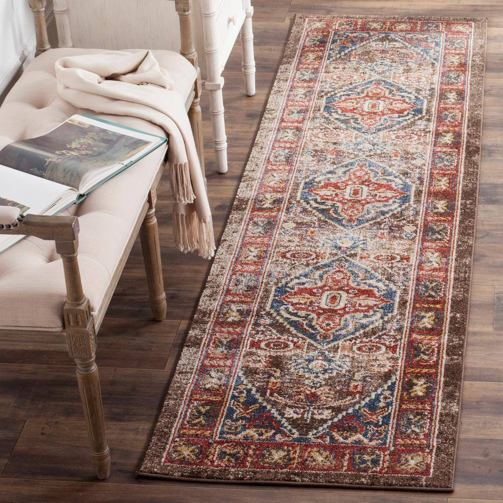 Persian Style Brown and Blue Synthetic Runner Rug