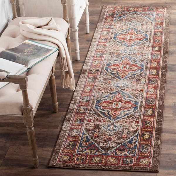 Bijar Brown/Royal 2 ft. x 6 ft. Border Runner Rug