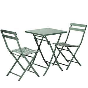 3-Piece Metal Square Patio Bistro Set Folding Table and Chairs Dark Green