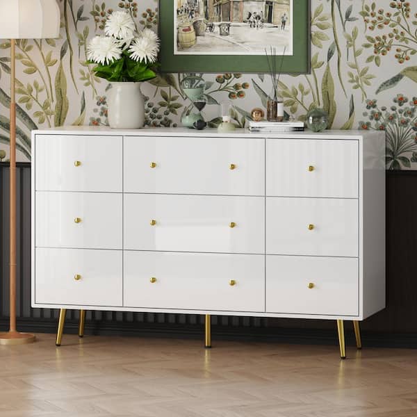 FUFU&GAGA White Mirror Finished Wooden 9-Drawer 55.1 in Width, Dresser, Chest of Drawers, Modern European Style