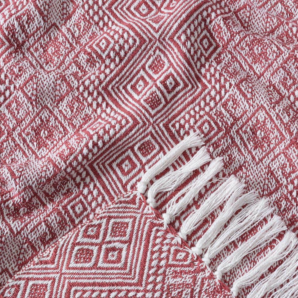 Rust Diamond Pattern Cotton Throw Blanket with Tassels