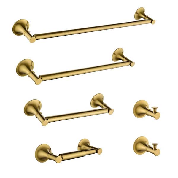 6-Piece Brass Bathroom Towel Rack Set with Wall Mount in Brushed Gold