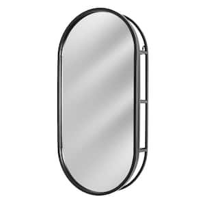 15 in. W x 30 in. H Oval Metal Framed Vanity Wall Mirror with Shelves in Black