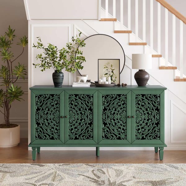 Antique Green TV Stand Fits TV's Up to 65 in. with Solid Wood Legs,Antique Brass Handles and Adjustable Shelves