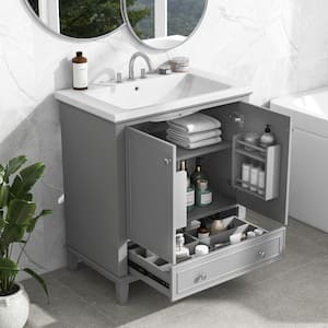 30 in. W x 18 in. D x 34.8 in. H Freestanding Bath Vanity in Grey with White Cermic Top, Single Sink