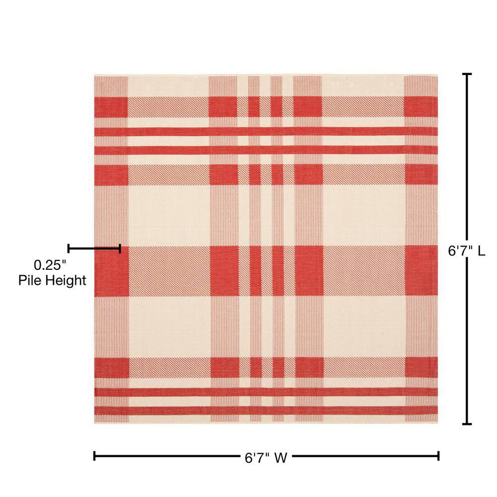 Red and Bone Plaid Synthetic Square Indoor/Outdoor Rug