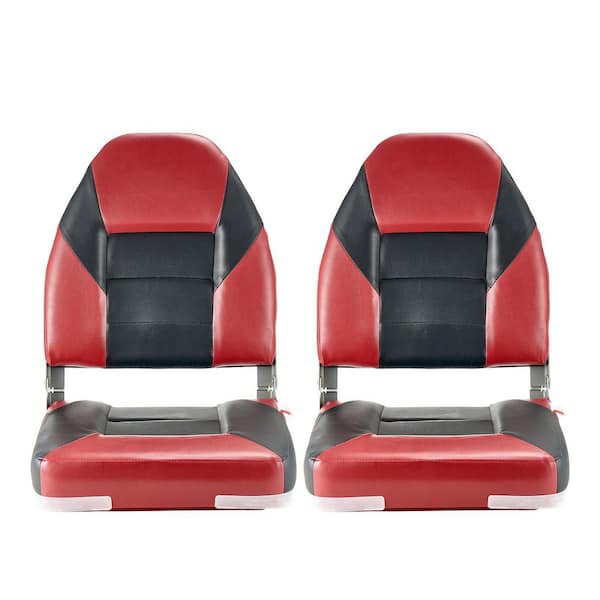 Boat Seat, Black & Red, High Backrest, Fishing Flip Up Seat with Sponge Cushion & PVC Leather, Aluminum Alloy Hinges
