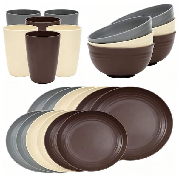24-Piece Brown Plastic Dinnerware Sets for 6, Unbreakable Plates and Bowls Sets for Camping, Dishwasher Microwave Safe