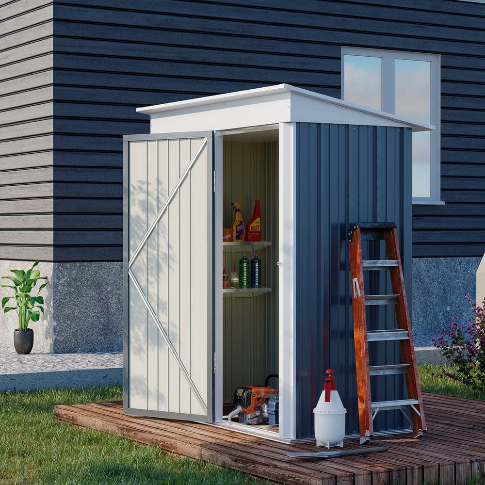Dark Gray Metal Outdoor Storage Shed with Shelving