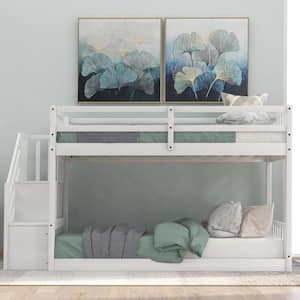 White Low Bunk Beds for Kids and Toddlers, Wood Twin Bunk Beds, Floor Bunk Beds with Storage Shelf and Stairs
