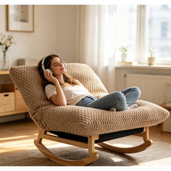 Modern Khaki Bean Bag Rocking Chair with Solid Wood Frame and Backrest for Living Room and Bedroom