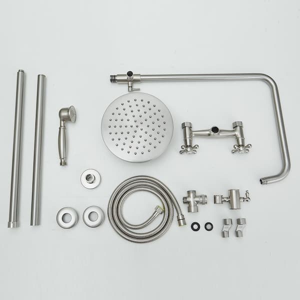 BWE 2-Spray Outdoor Wall Bar Shower Kit 8 in. Round Rain Shower Head with  Hand Shower and 2 Cross Knobs in Brushed Nickel A-98015-N - The Home Depot