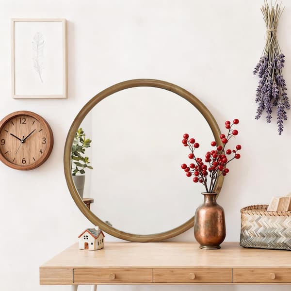 Round 23.62 in W x 23.62 in H Wood Framed Wall Mirror, Natural Wooden Circle Decorative Mirror