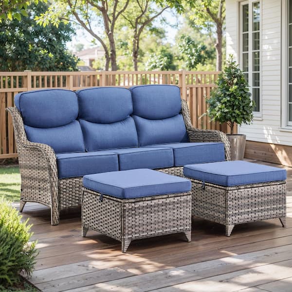 Crescent Gray Wicker Patio Conversation Set with Blue Olefin 6 In. Thick Cushions/Ottoman (3-Piece)