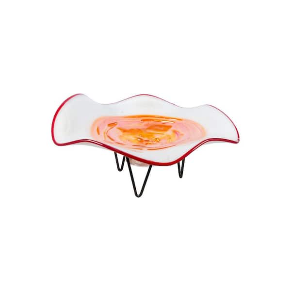 Cavalier Hand Blown White Orange 18 in. Wide Hand Blown Art Glass Bowl With Stand