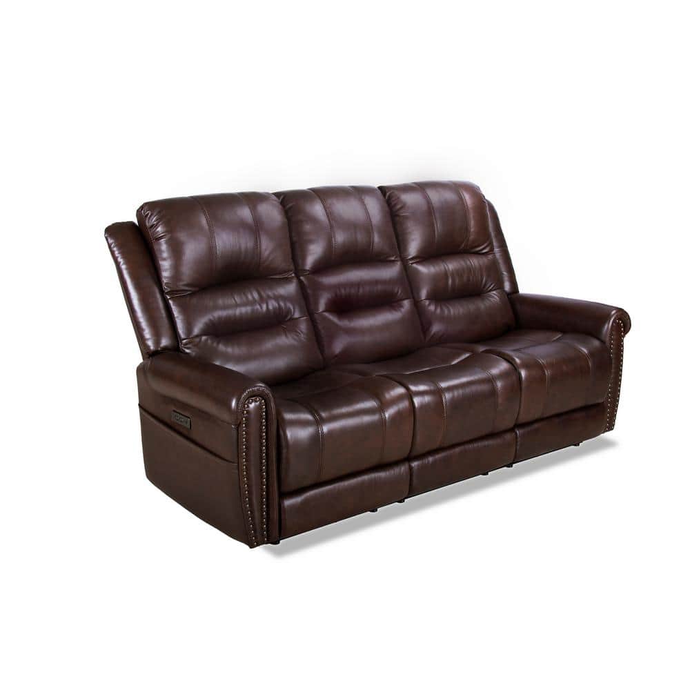 81.5""W Rolled Arm Genuine Top Grain Leather Modern Straight 3-Seater W Adjustable Headrest Power Reclining Sofa in Brown