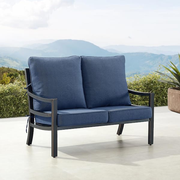 Oakland Living Black 1-Piece Aluminum Outdoor Loveseat with Blue Cushion