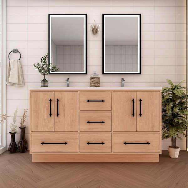 Victoria 59 in. W x 20 in. D x 35 in. H Double Sink Freestanding Bath Vanity in Red Oak with White Acrylic Top