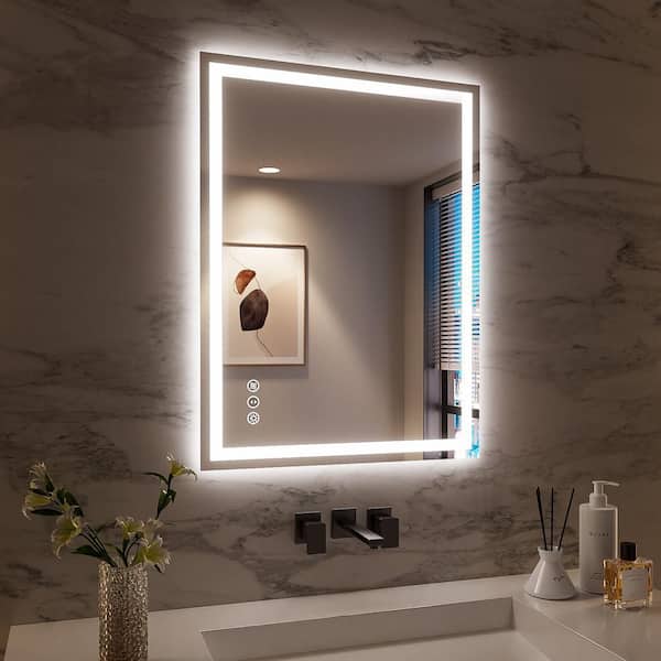 20 in. W x 28 in. H Rectangular LED Frameless Wall Bathroom Vanity Mirror with Anti-Fog, Front/Backlight Tempered Glass