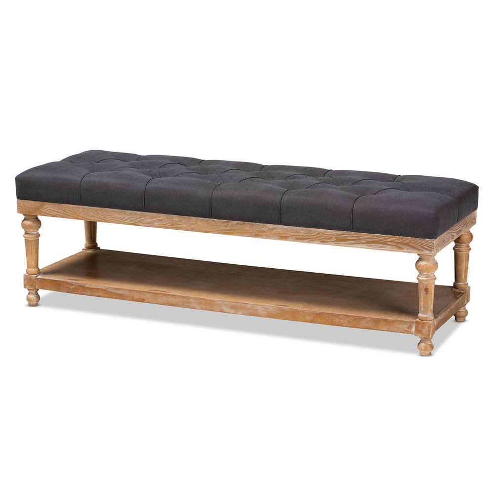 Charcoal Linen and Greywashed Wood Storage Bench with Tufted Detail