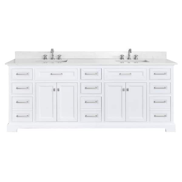 PROOX 84 in. W x 22 in. D x 39 in. H Double Sinks Freestanding Bath Vanity in White with White Engineered Stone Top