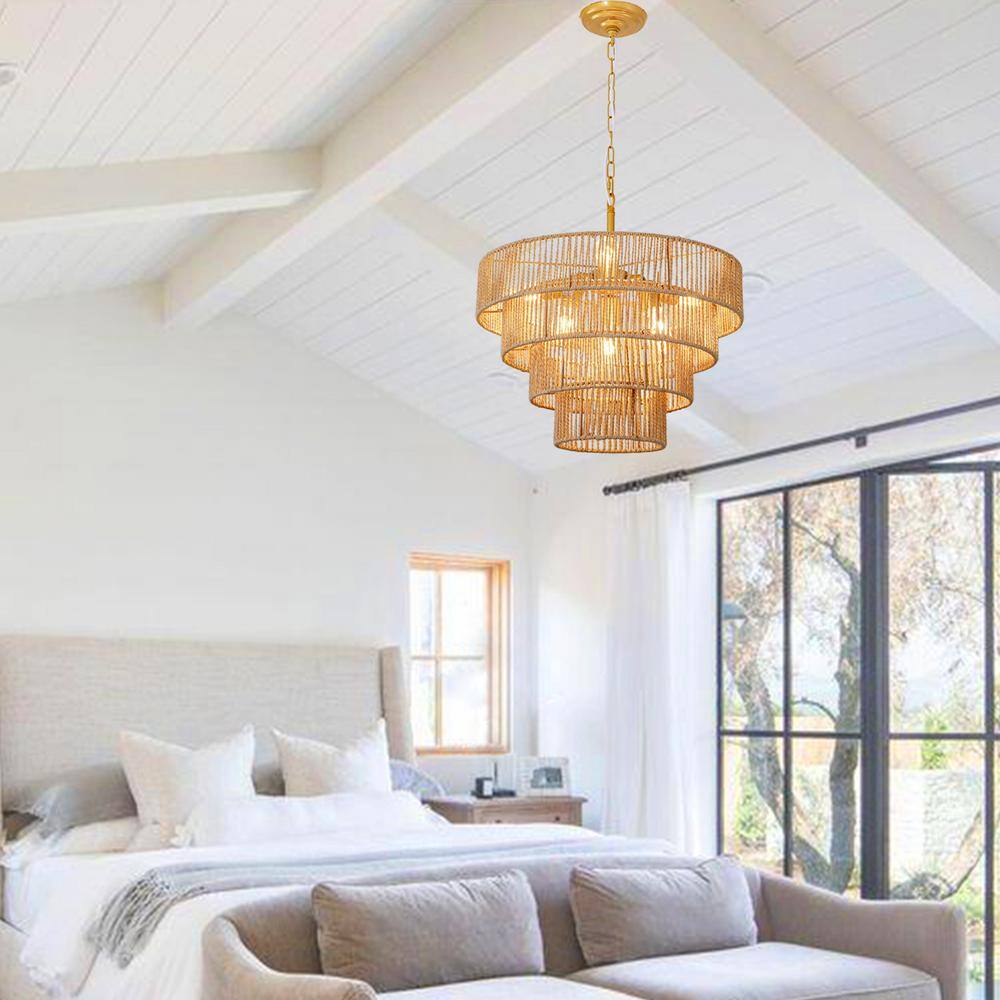 Brass and Rattan Tiered Geometric Pendant Light