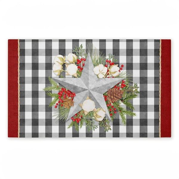 Gingham and Floral Star Shape Red 18 in. x 30 in. Polyester Non-Slip Outdoor Door Mat