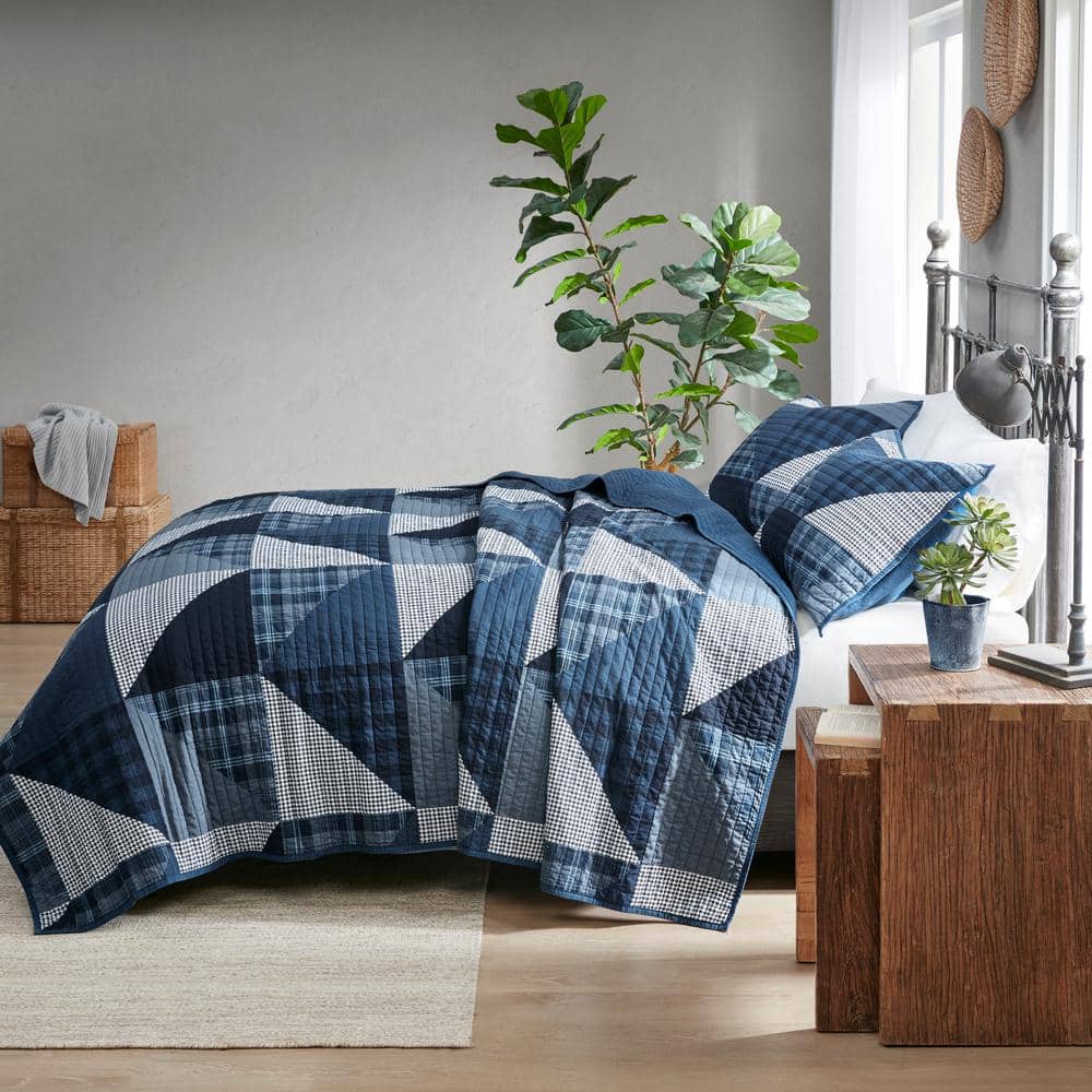 Blue Cotton Patchwork Full Quilt Set with Shams