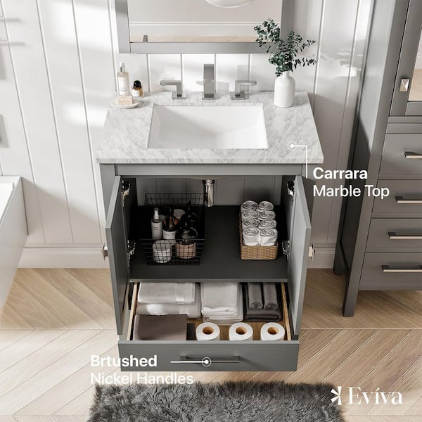 Eviva Aberdeen 60 Transitional Grey Bathroom Vanity with White Carrera  Countertop & Double Square Sinks