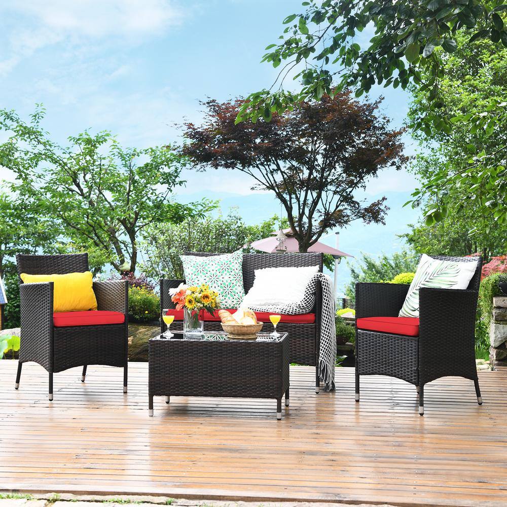 4-Piece Wicker Patio Conversation Set with Red Cushions and Glass Table for