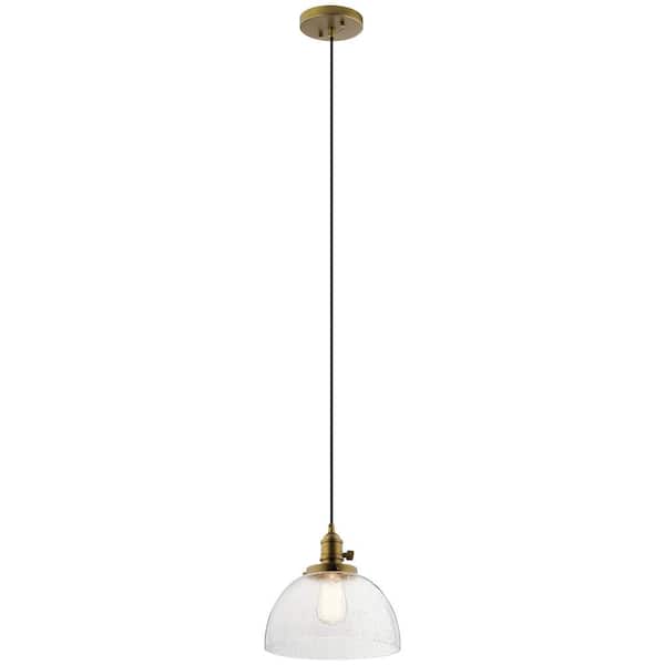 KICHLER Avery 10.25 in. 1-Light Natural Brass Farmhouse Shaded Kitchen Goblet Mini Pendant Light with Clear Seeded Glass