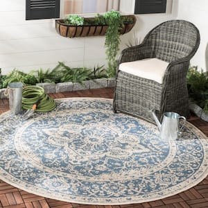 Beach House Blue/Cream 4 ft. x 4 ft. Border Floral Indoor/Outdoor Patio  Round Area Rug