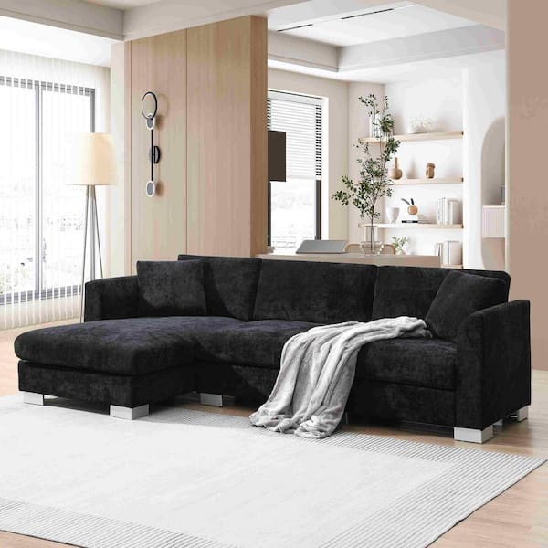 96 in. Square Arm Chenille Sectional Sofa with 2-Free Pillows in Black