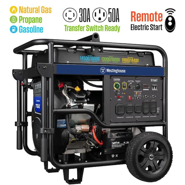 18,000/14,500-Watt Tri-Fuel Gas, Propane, Natural Gas Powered Portable Generator with Remote Electric Start, 50A Outlet