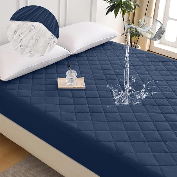 Blue Polyester Protector Diamond Grid Ultrasonic Waterproof Quilted Fitted Sheet-Size Q