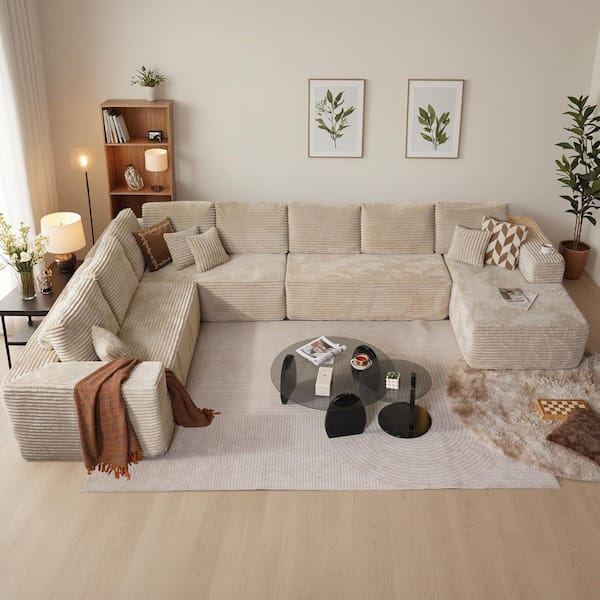 VA 221 in. Wide Arm 4-Piece Modern Plush Corduroy Fabric U-Shape Modular Sectional Sofa in. Beige with Chaise
