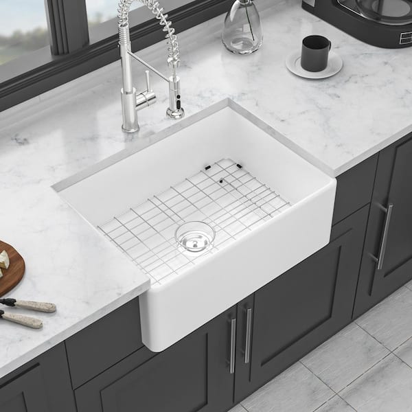 Qidian 28 in. Farmhouse Apron Front Single Bowl White Ceramic