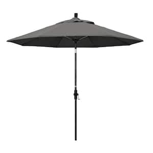 9 ft. Matted Black Aluminum Collar Tilt Crank Lift Market Patio Umbrella in Charcoal Sunbrella