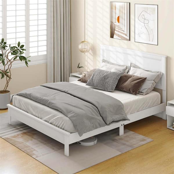 Costway White Queen Size Wood Frame Platform Bed with High Headboard Bedroom