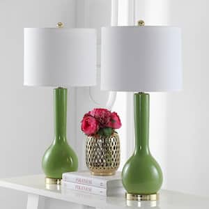 Mae 30.5 in. Fern Green Long Neck Ceramic Table Lamp with Off-White Shade (Set of 2)