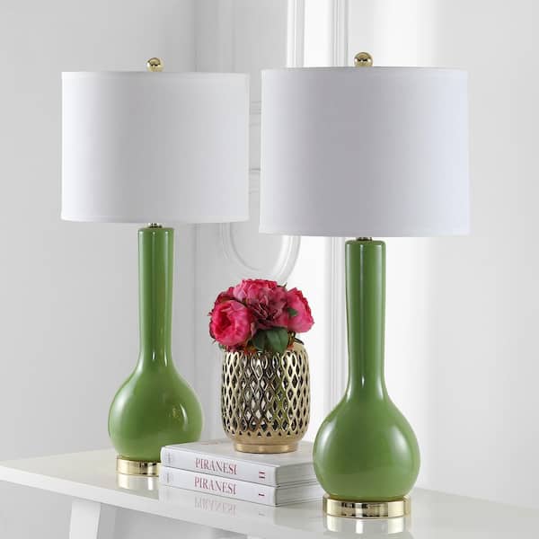 Mae 30.5 in. Fern Green Long Neck Ceramic Table Lamp with Off-White Shade (Set of 2)