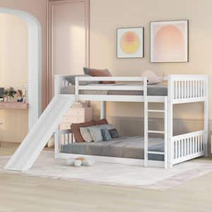 White Full Over Full Wood Bunk Bed with Slide and Ladder